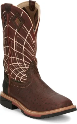 Justin Boots: Men's SE4835 Brown Ostrich Print Composite Square Toe Derrickman Cowboy Work Boots